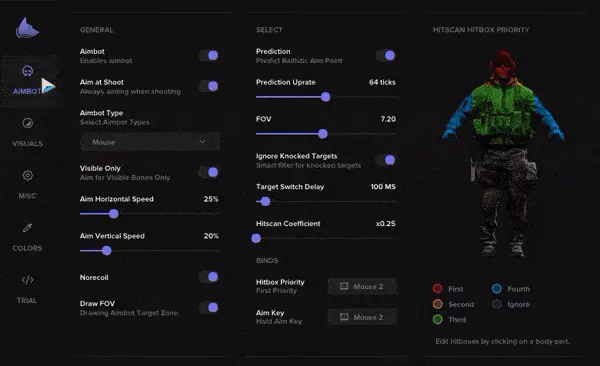 MW4 Hack in-game overlay &mdash; animated preview of the aim, ESP, radar and recoil tabs cycling through silent-mode toggles, bone selectors, FOV, smoothing, visibility check, and colour options.